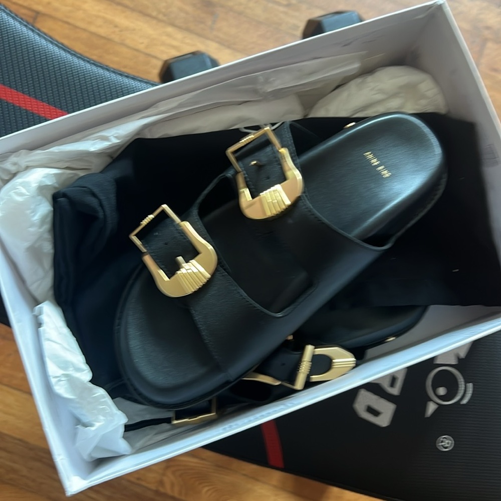 Anine Bing Fabulous Black Sandals with Gold Buckles - Picture 2 of 6